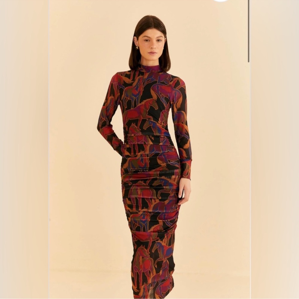 FARM Rio Long Sleeve Midi Dress in Black with Red, Purple and Orange Print